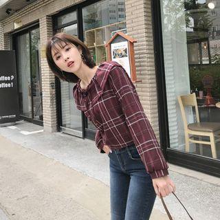 Tie Ruffle-collar Plaid Top Wine Red - One Size