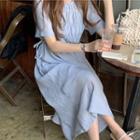Ruched Short-sleeve Maxi A-line Dress Sky Blue - One Size