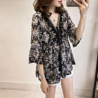 3/4-sleeve Embroidered Trim Chiffon Top
