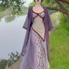 Long Light Jacket / Spaghetti Strap Floral Panel Lace Trim Maxi A-line Dress / Set