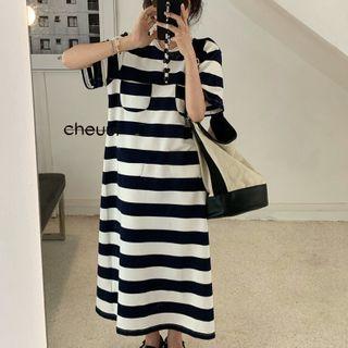 Short-sleeve Striped Midi T-shirt Dress Stripe - Navy Blue & White - One Size