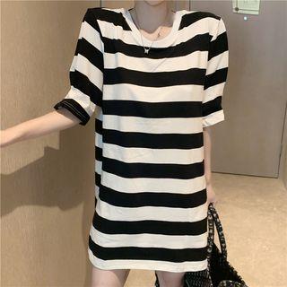 Striped Open Back Elbow-sleeve Tunic T-shirt As Shown In Figure - One Size