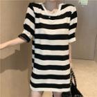 Striped Open Back Elbow-sleeve Tunic T-shirt As Shown In Figure - One Size