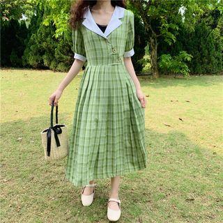 Short-sleeve Midi Plaid Pleated Dress Plaid - Light Green - One Size