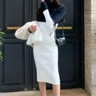 Long-sleeve Turtleneck Two-tone Knit Midi Sheath Dress Black & White - One Size