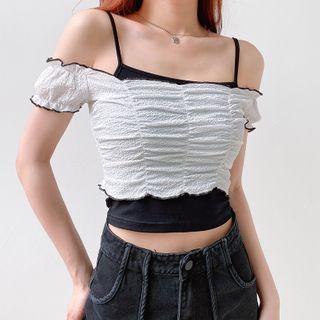 Set: Off-shoulder Crop Top + Cropped Camisole Top