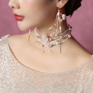 Wedding Set: Faux Pearl Choker + Clip-on Earring 1 Pair - Clip On Earring & Necklace - One Size