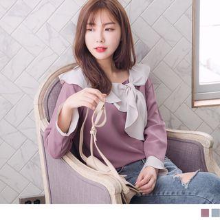 Contrast Trim Tie-neck Ruffled Chffion Top