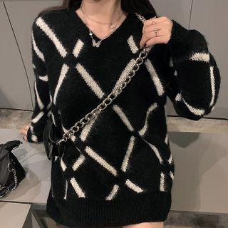 V-neck Printed Over-sized Sweater As Shown In Figure - One Size