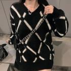 V-neck Printed Over-sized Sweater As Shown In Figure - One Size