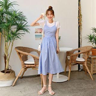 Spaghetti-strap Tie-back Gingham Long Dress