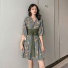 Floral Print Elbow-sleeve Tie-waist A-line Dress