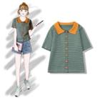 Polo Collar Colour Block Striped Top Stripe - One Size