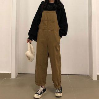 Plain Wide-leg Cargo Jumper Pants