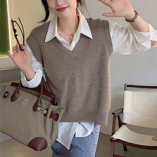V-neck Sweater Vest Camel - One Size