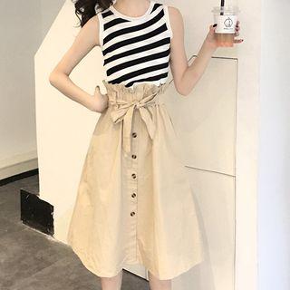 Striped Tank Top / Buttoned A-line Midi Skirt