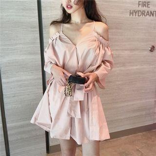 Off-shoulder Tie Waist Long-sleeve Dress
