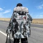 Camo Furry Trim Zip-up Hooded Jacket