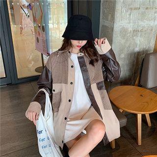 Faux Leather Panel Buttoned Jacket As Shown In Figure - One Size
