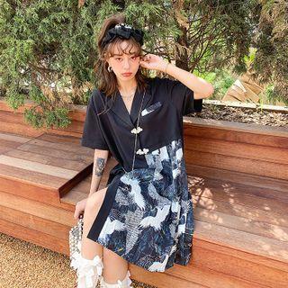 Crane Print Panel Midi A-line Shirtdress