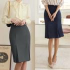 Metallic-button Invert-pleat Skirt