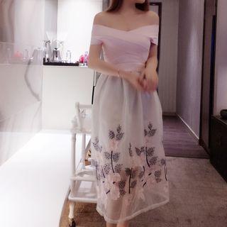 Embroidered Mesh Panel Off Shoulder Short Sleeve Dress