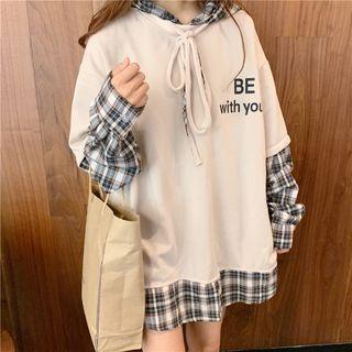Mock Two-piece Plaid Hooded Pullover