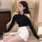 Long-sleeve Cold Shoulder Rhinestone Trim Top