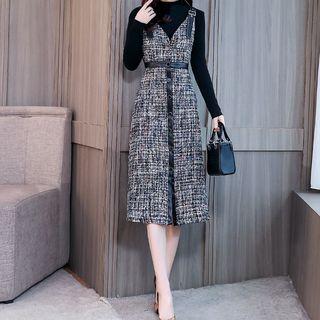 Set: Mock-neck Long-sleeve Knit Top + Tweed Jumper Dress