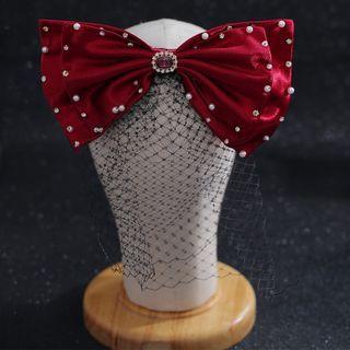 Wedding Bow Faux Pearl Mesh Hair Clip Red - One Size