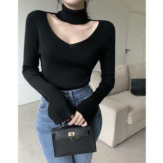 Long-sleeve Turtleneck Plain Cutout Slim-fit Top