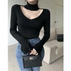Long-sleeve Turtleneck Plain Cutout Slim-fit Top