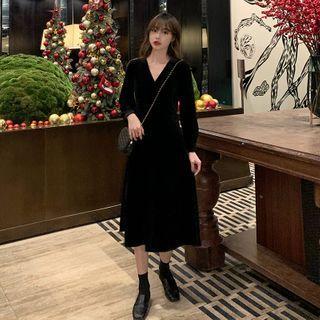 V-neck Plain Velvet Midi A-line Dress