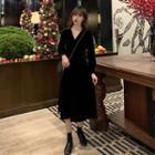 V-neck Plain Velvet Midi A-line Dress