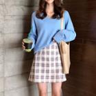 V-neck Sweater / Plaid Mini Skirt / Midi Skirt