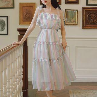 Tie-shoulder Ruffled Midi Chiffon Dress