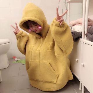 Lettering Embroidered Faux Shearling Hoodie