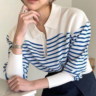 Puff-sleeve Striped Knit Blouse
