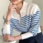 Puff-sleeve Striped Knit Blouse