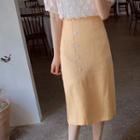 Button-trim Linen Blend Midi Skirt