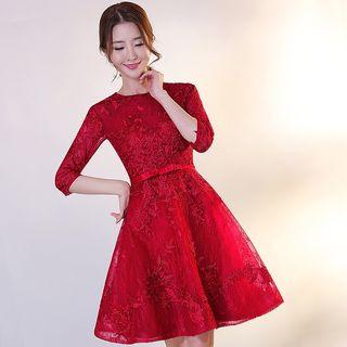 Embroidered 3/4 Sleeve A-line Evening Dress