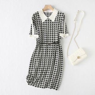 Short-sleeve Houndstooth A-line Dress Houndstooth - White & Black - One Size