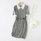 Short-sleeve Houndstooth A-line Dress Houndstooth - White & Black - One Size