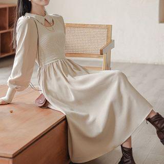 Long-sleeve Collared Midi A-line Dress Almond - One Size