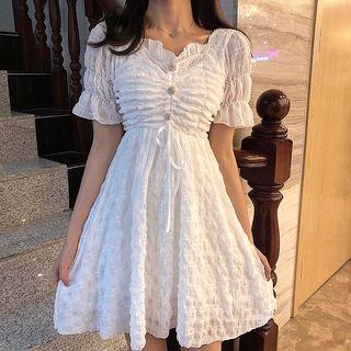 Tie-waist Ruched Chiffon A-line Dress