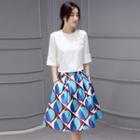 Set: Elbow-sleeve Top + Patterned A-line Skirt