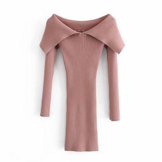 Long-sleeve Plain Ribbed Knit Mini Bodycon Dress