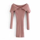 Long-sleeve Plain Ribbed Knit Mini Bodycon Dress