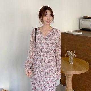 Wrap-front Frilled-hem Floral Dress Cocoa - One Size
