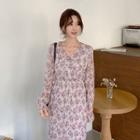 Wrap-front Frilled-hem Floral Dress Cocoa - One Size